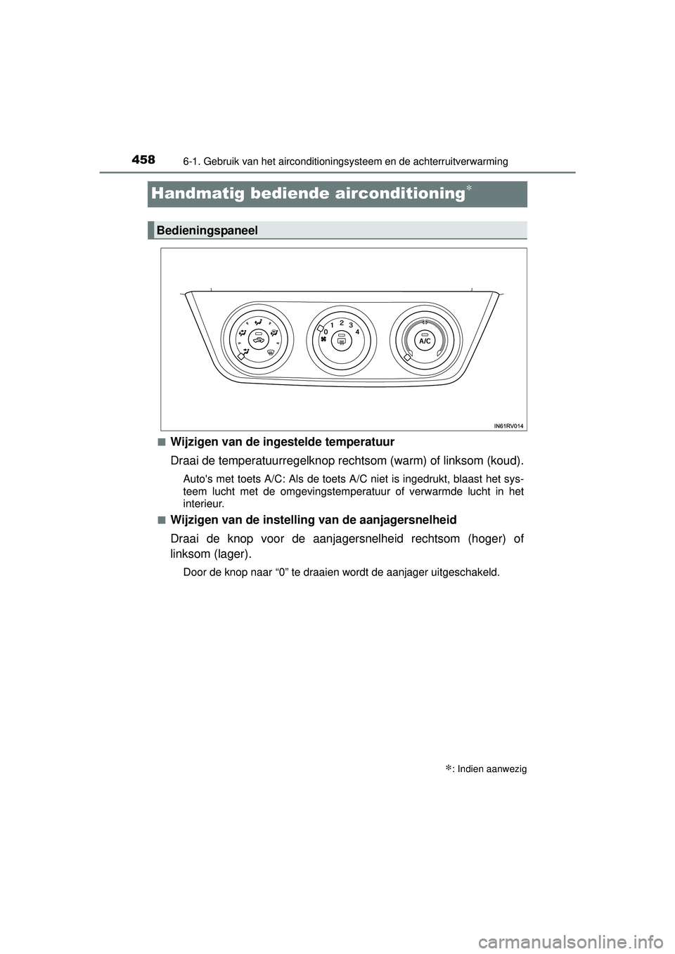 TOYOTA RAV4 2016  Instructieboekje (in Dutch) 4586-1. Gebruik van het airconditioningsysteem en de achterruitverwarming
RAV4_OM_OM42A45E_(EE)
Handmatig bediende airconditioning∗
■Wijzigen van de ingestelde temperatuur
Draai de temperatuurrege