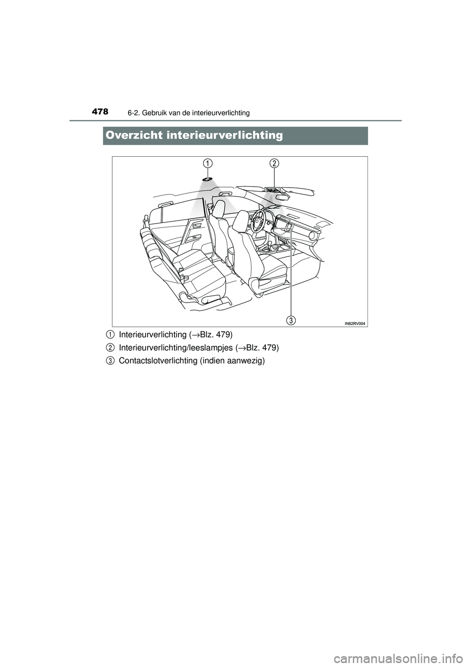 TOYOTA RAV4 2016  Instructieboekje (in Dutch) 4786-2. Gebruik van de interieurverlichting
RAV4_OM_OM42A45E_(EE)
Overzicht interieur verlichting
Interieurverlichting (→Blz. 479)
Interieurverlichtin g/leeslampjes (→Blz. 479)
Contactslotverlicht