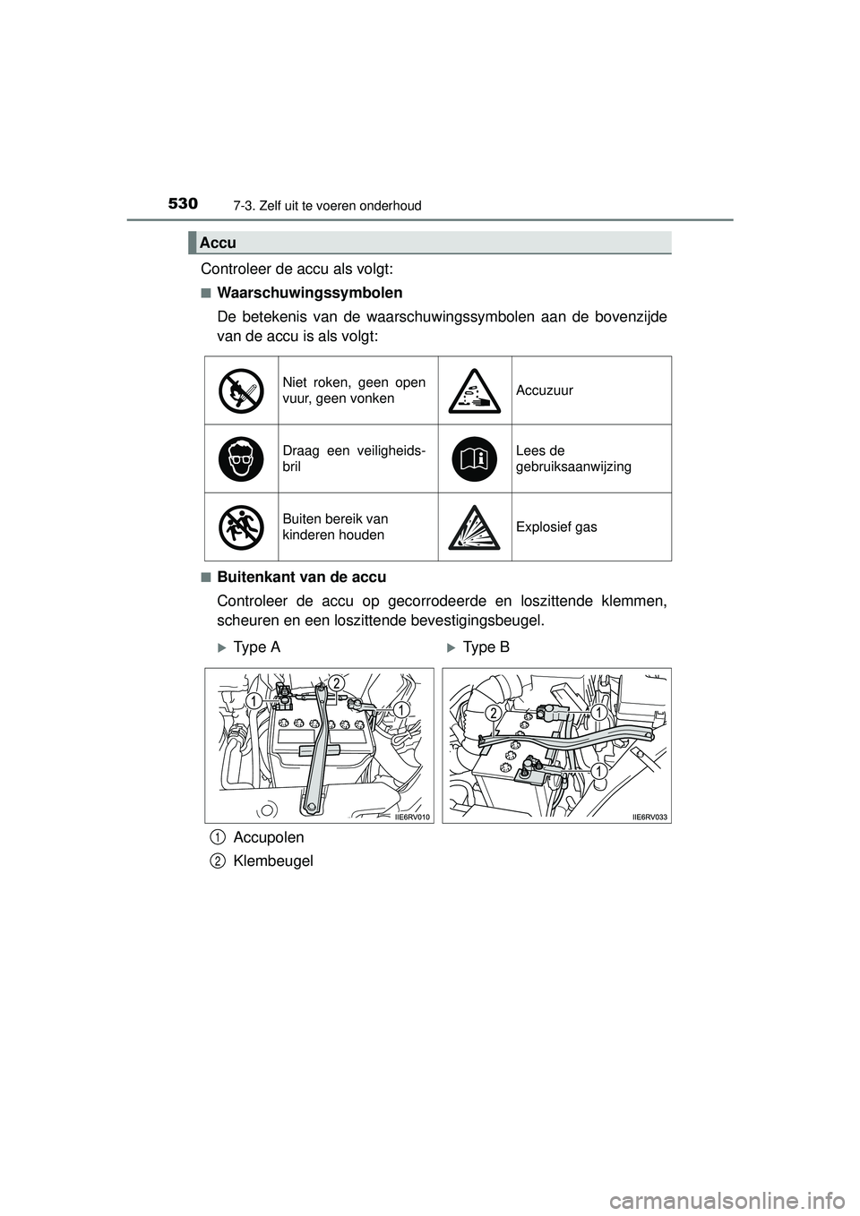 TOYOTA RAV4 2016  Instructieboekje (in Dutch) 5307-3. Zelf uit te voeren onderhoud
RAV4_OM_OM42A45E_(EE)
Controleer de accu als volgt:
■Waarschuwingssymbolen
De betekenis van de waarschuwingssymbolen aan de bovenzijde
van de accu is als volgt:
