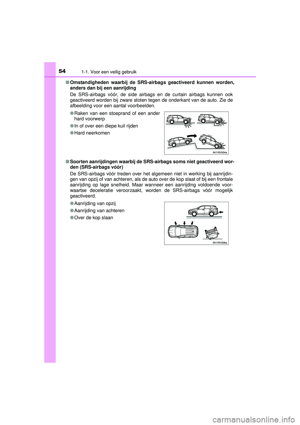 TOYOTA RAV4 2016  Instructieboekje (in Dutch) 541-1. Voor een veilig gebruik
RAV4_OM_OM42A45E_(EE)■
Omstandigheden waarbij de SRS-airbags geactiveerd kunnen worden,
anders dan bij een aanrijding 
De SRS-airbags vóór, de side airbags en de cur