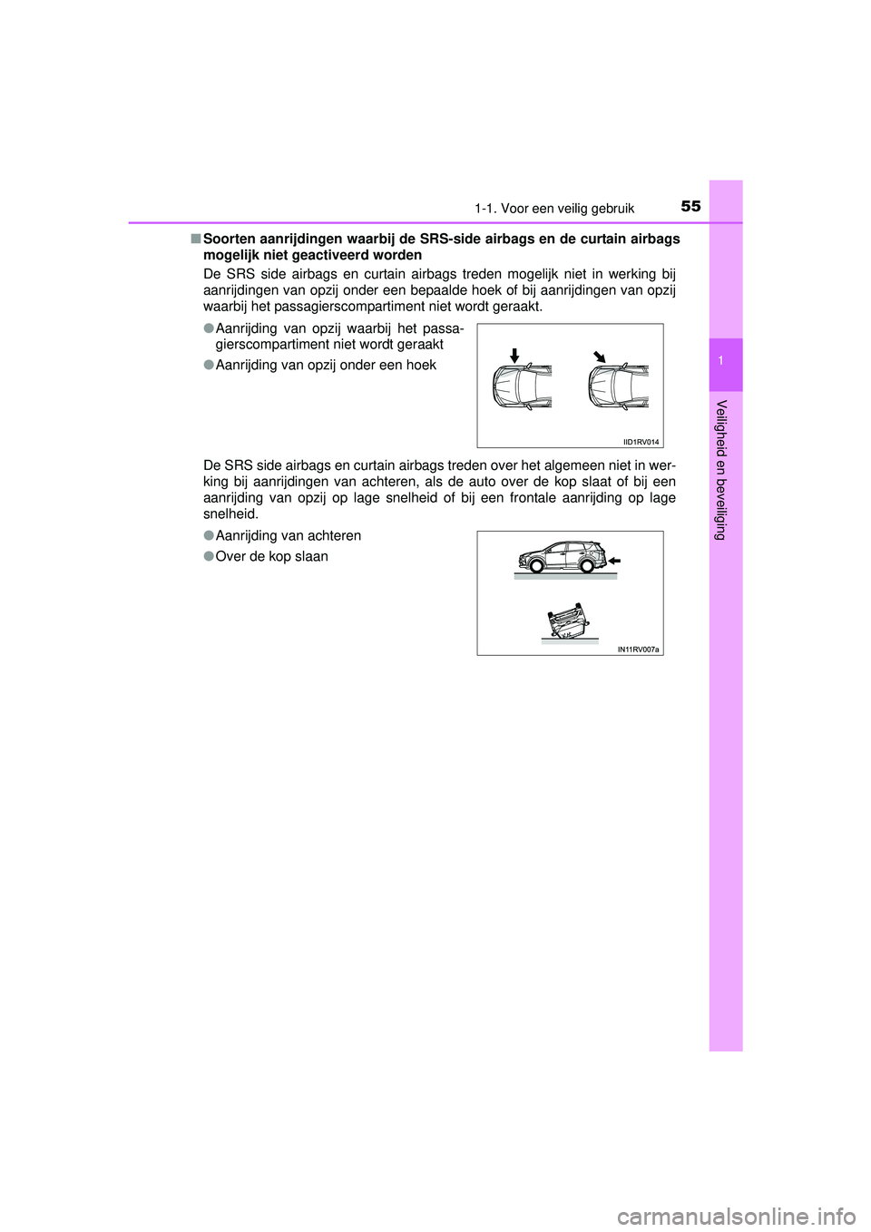TOYOTA RAV4 2016  Instructieboekje (in Dutch) 551-1. Voor een veilig gebruik
1
RAV4_OM_OM42A45E_(EE)
Veiligheid en beveiliging
■Soorten aanrijdingen waarbij de SRS-si de airbags en de curtain airbags
mogelijk niet geactiveerd worden
De SRS side