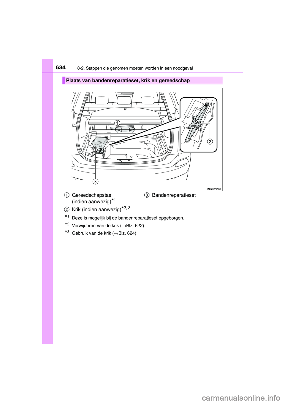 TOYOTA RAV4 2016  Instructieboekje (in Dutch) 6348-2. Stappen die genomen moeten worden in een noodgeval
RAV4_OM_OM42A45E_(EE)
*1: Deze is mogelijk bij de bandenreparatieset opgeborgen.
*2: Verwijderen van de krik (→Blz. 622)
*3: Gebruik van de