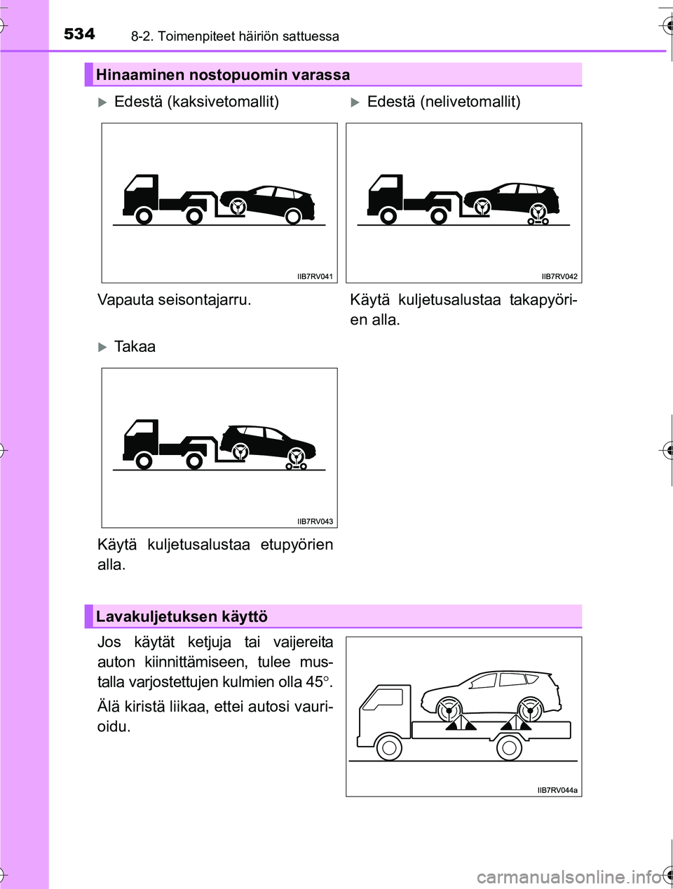 TOYOTA RAV4 2016  Omistajan Käsikirja (in Finnish) 5348-2. Toimenpiteet häiriön sattuessa
OM42A45FI
Jos käytät ketjuja tai vaijereita
auton kiinnittämiseen, tulee mus-
talla varjostettujen kulmien olla 45°.
Älä kiristä liikaa, ettei autosi va