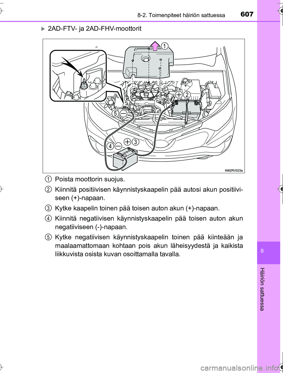 TOYOTA RAV4 2016  Omistajan Käsikirja (in Finnish) 6078-2. Toimenpiteet häiriön sattuessa
8
Häiriön sattuessa
OM42A45FI
�X2AD-FTV- ja 2AD-FHV-moottoritPoista moottorin suojus.
Kiinnitä positiivisen kä ynnistyskaapelin pää autosi akun positiivi