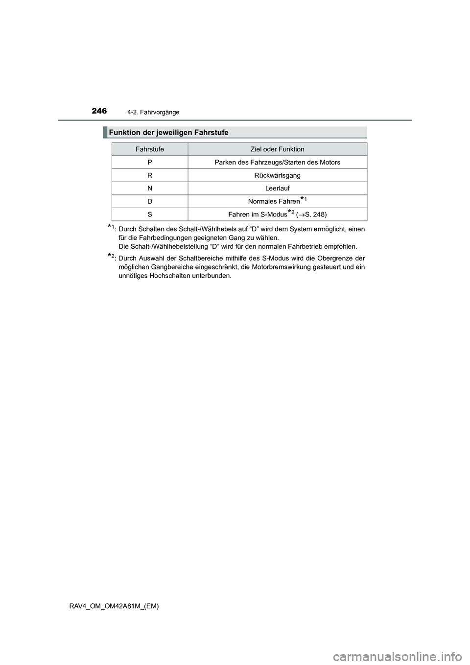 TOYOTA RAV4 2015  Betriebsanleitungen (in German) 2464-2. Fahrvorgänge
RAV4_OM_OM42A81M_(EM)
*1: Durch Schalten des Schalt-/Wählhebels auf “D” wird dem System ermöglicht, einenfür die Fahrbedingungen geeigneten Gang zu wählen. 
Die Schalt-/W