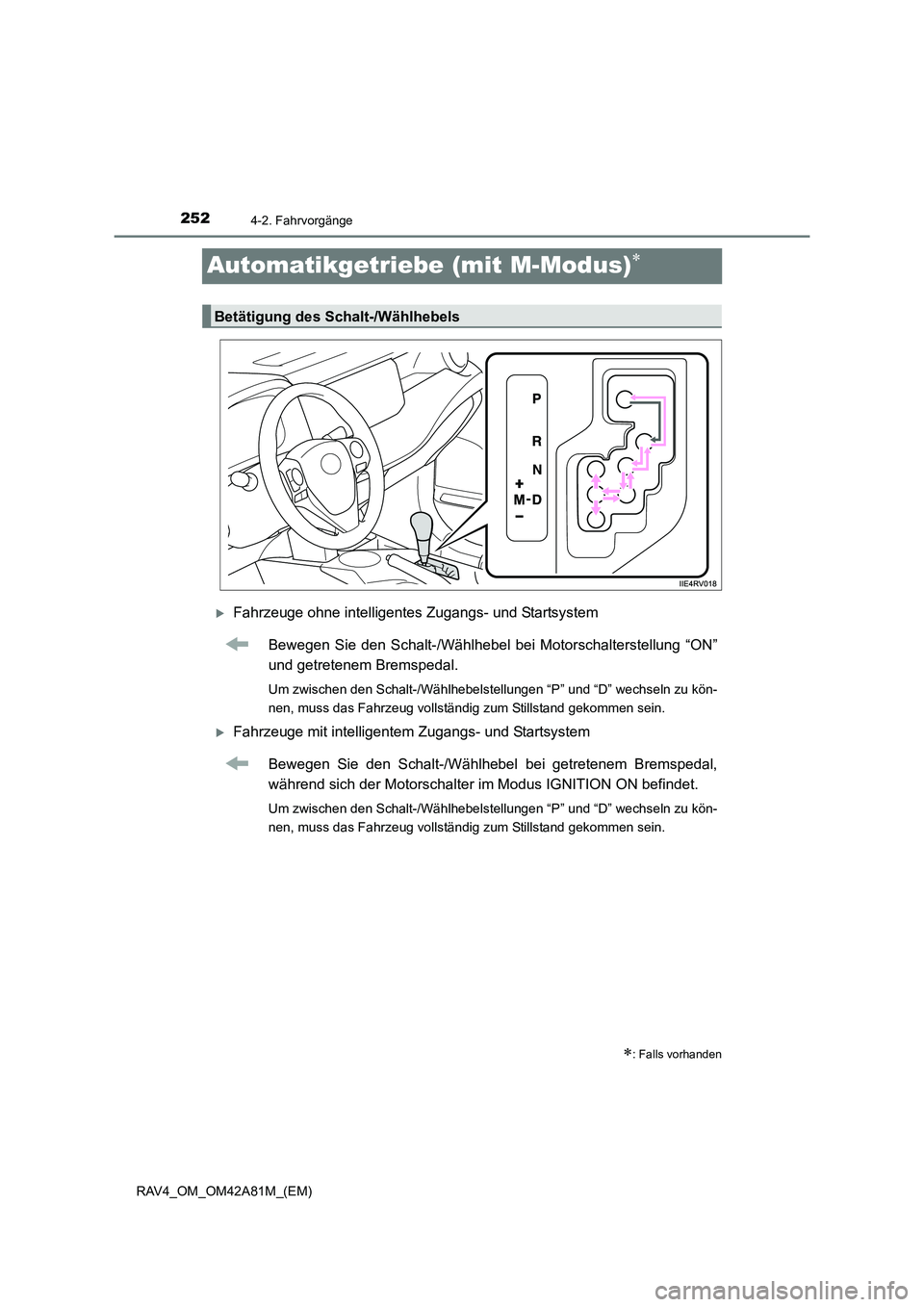 TOYOTA RAV4 2015  Betriebsanleitungen (in German) 2524-2. Fahrvorgänge
RAV4_OM_OM42A81M_(EM)
Automatikgetriebe (mit M-Modus)∗
�XFahrzeuge ohne intelligentes Zugangs- und StartsystemBewegen Sie den Schalt-/Wählhebel bei Motorschalterstellung “ON