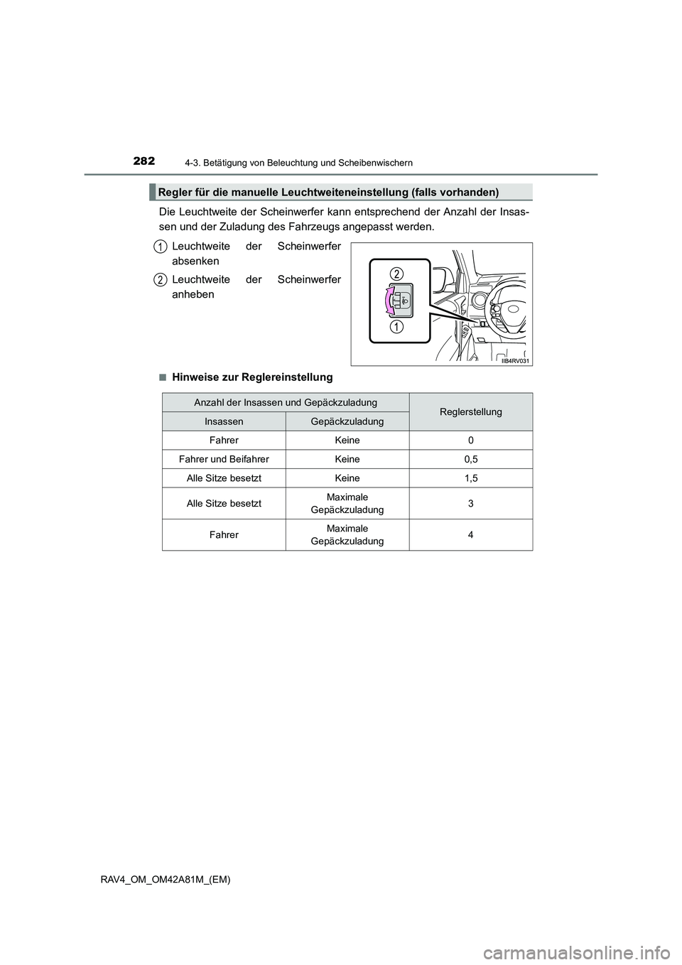 TOYOTA RAV4 2015  Betriebsanleitungen (in German) 2824-3. Betätigung von Beleuchtung und Scheibenwischern
RAV4_OM_OM42A81M_(EM)
Die Leuchtweite der Scheinwerfer kann entsprechend der Anzahl der Insas-
sen und der Zuladung des Fahrzeugs angepasst wer