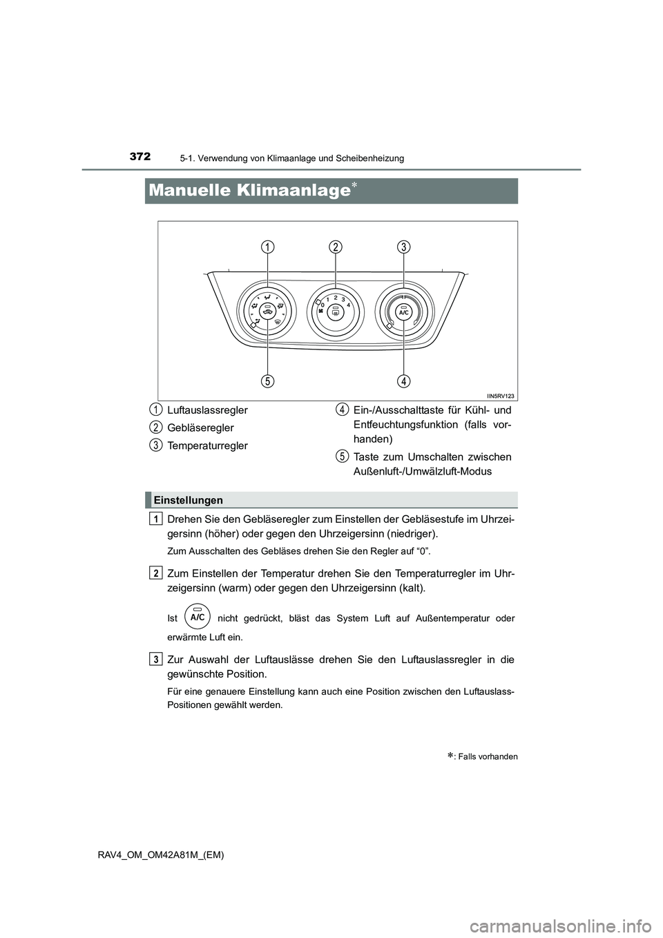 TOYOTA RAV4 2015  Betriebsanleitungen (in German) 3725-1. Verwendung von Klimaanlage und Scheibenheizung
RAV4_OM_OM42A81M_(EM)
Manuelle Klimaanlage∗
Drehen Sie den Gebläseregler zum Einstellen der Gebläsestufe im Uhrzei-
gersinn (höher) oder geg