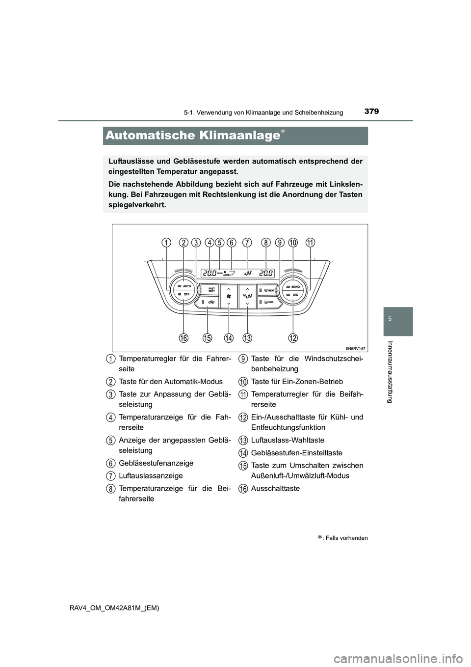 TOYOTA RAV4 2015 Betriebsanleitungen (in German) 379
5
5-1. Verwendung von Klimaanlage und Scheibenheizung
Innenraumausstattung
RAV4_OM_OM42A81M_(EM)
Automatische Klimaanlage∗∗
: Falls vorhanden
Luftauslässe und Gebläsestufe werden automatisc TOYOTA RAV4 2015 Betriebsanleitungen (in German) 379
5
5-1. Verwendung von Klimaanlage und Scheibenheizung
Innenraumausstattung
RAV4_OM_OM42A81M_(EM)
Automatische Klimaanlage∗∗
: Falls vorhanden
Luftauslässe und Gebläsestufe werden automatisc