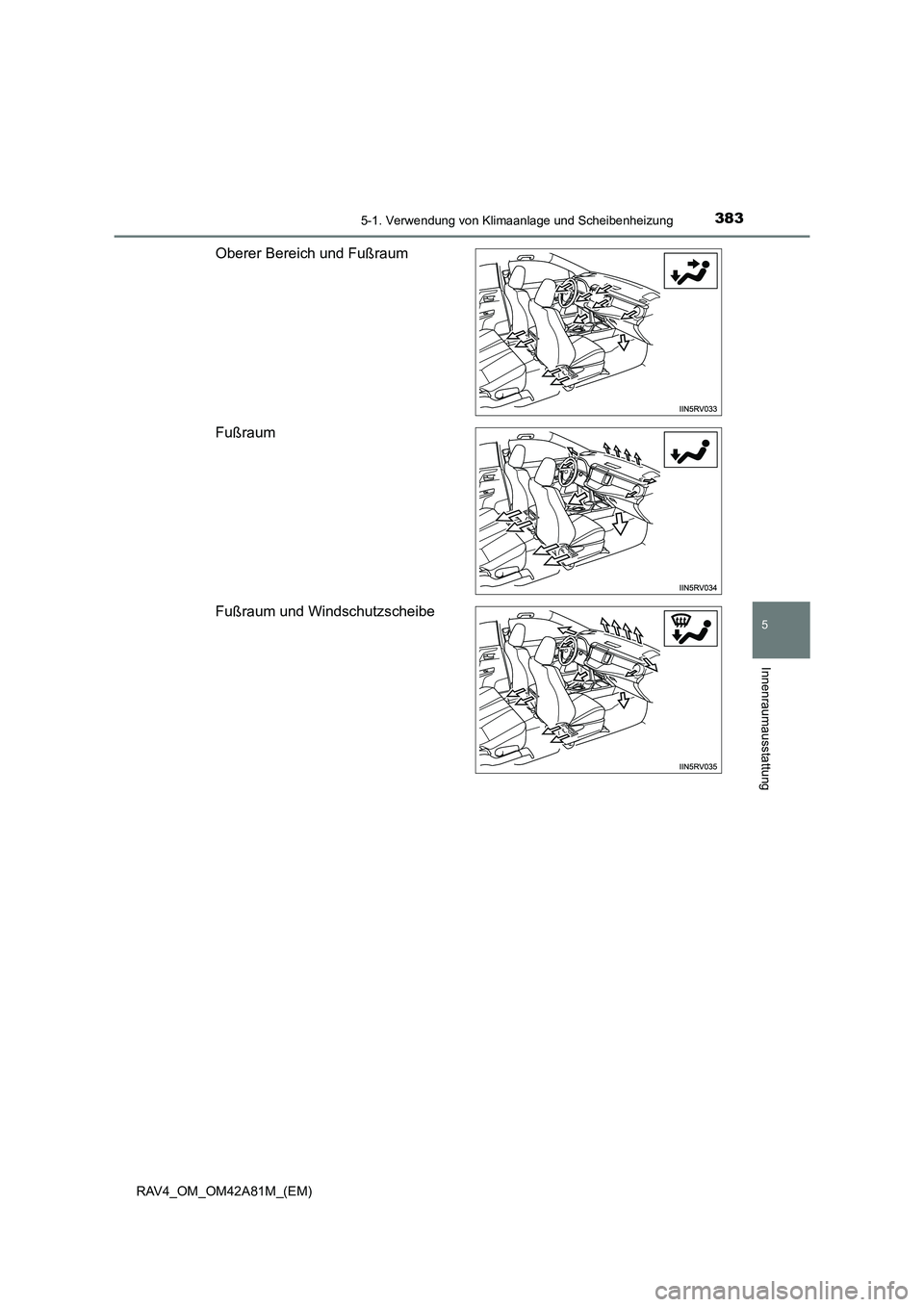 TOYOTA RAV4 2015  Betriebsanleitungen (in German) 3835-1. Verwendung von Klimaanlage und Scheibenheizung
5
Innenraumausstattung
RAV4_OM_OM42A81M_(EM)
Oberer Bereich und Fußraum
Fußraum
Fußraum und Windschutzscheibe 