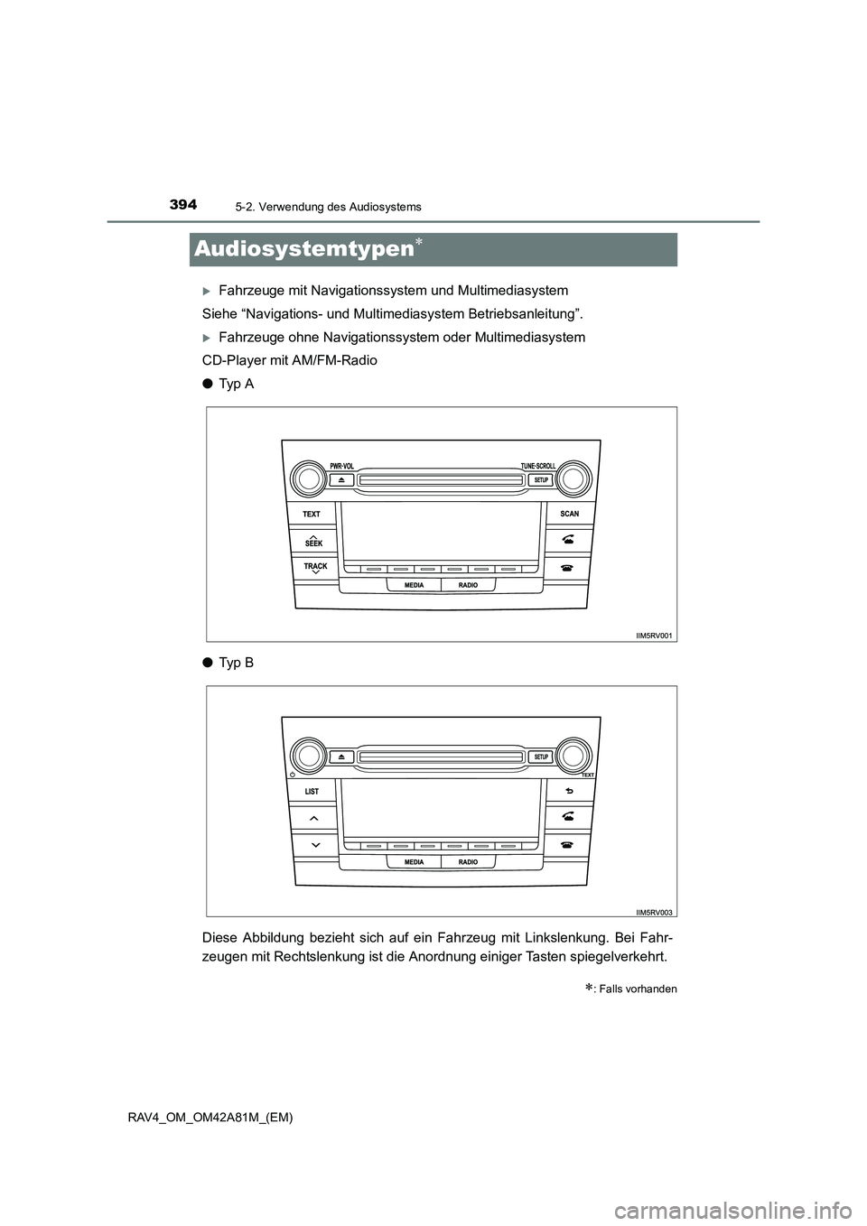 TOYOTA RAV4 2015  Betriebsanleitungen (in German) 3945-2. Verwendung des Audiosystems
RAV4_OM_OM42A81M_(EM)
Audiosystemtypen∗
�XFahrzeuge mit Navigationssystem und Multimediasystem
Siehe “Navigations- und Multimediasystem Betriebsanleitung”.
�X