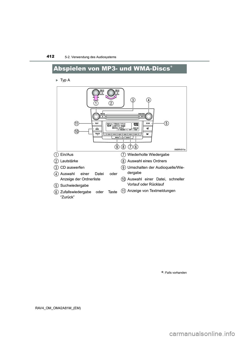 TOYOTA RAV4 2015  Betriebsanleitungen (in German) 4125-2. Verwendung des Audiosystems
RAV4_OM_OM42A81M_(EM)
Abspielen von MP3- und WMA-Discs∗
�XTy p  A
∗: Falls vorhanden
Ein/Aus
Lautstärke
CD auswerfen
Auswahl einer Datei oder
Anzeige der Ordne