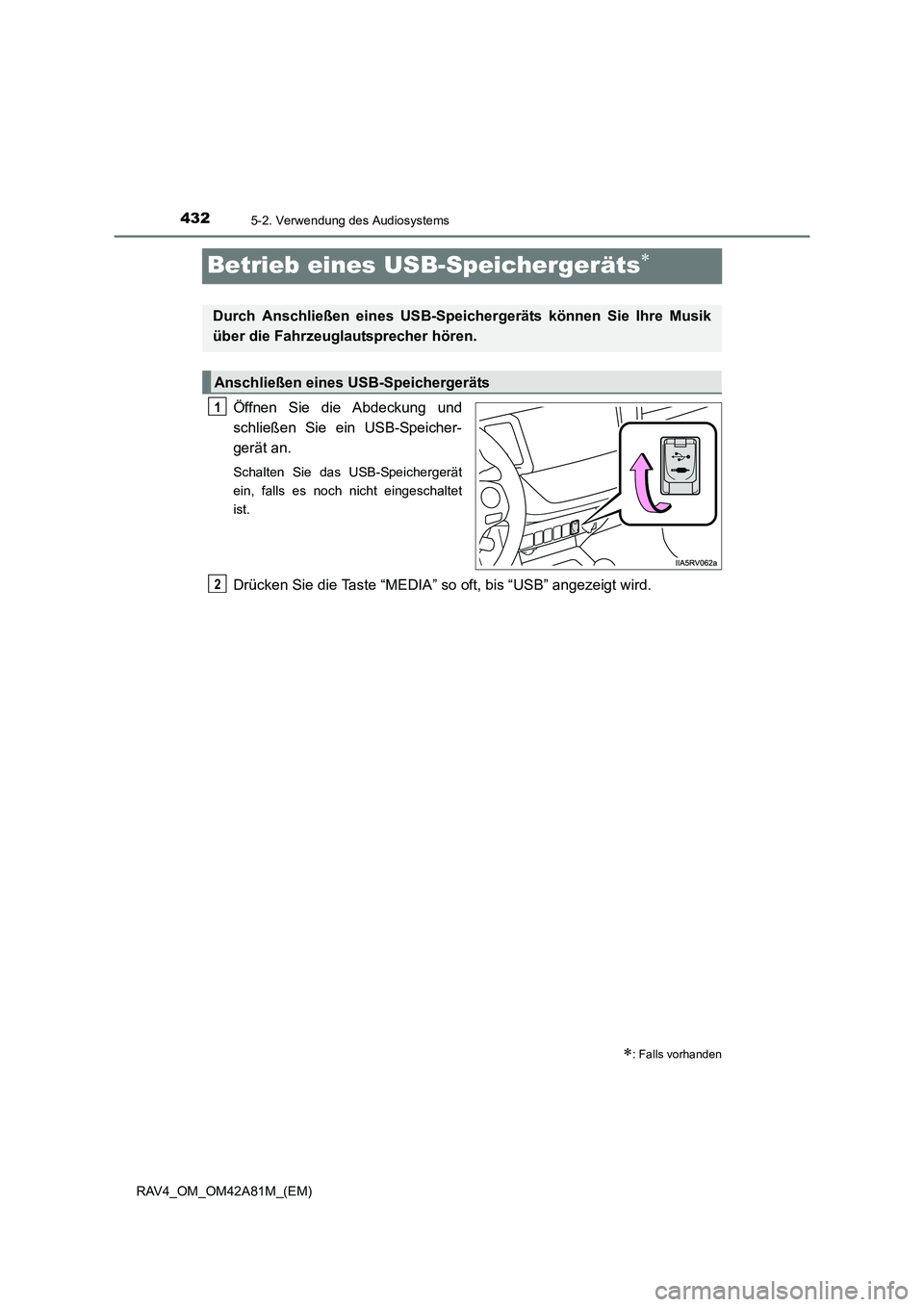 TOYOTA RAV4 2015  Betriebsanleitungen (in German) 4325-2. Verwendung des Audiosystems
RAV4_OM_OM42A81M_(EM)
Betrieb eines USB-Speichergeräts∗
Öffnen Sie die Abdeckung und
schließen Sie ein USB-Speicher-
gerät an.
Schalten Sie das USB-Speicherge