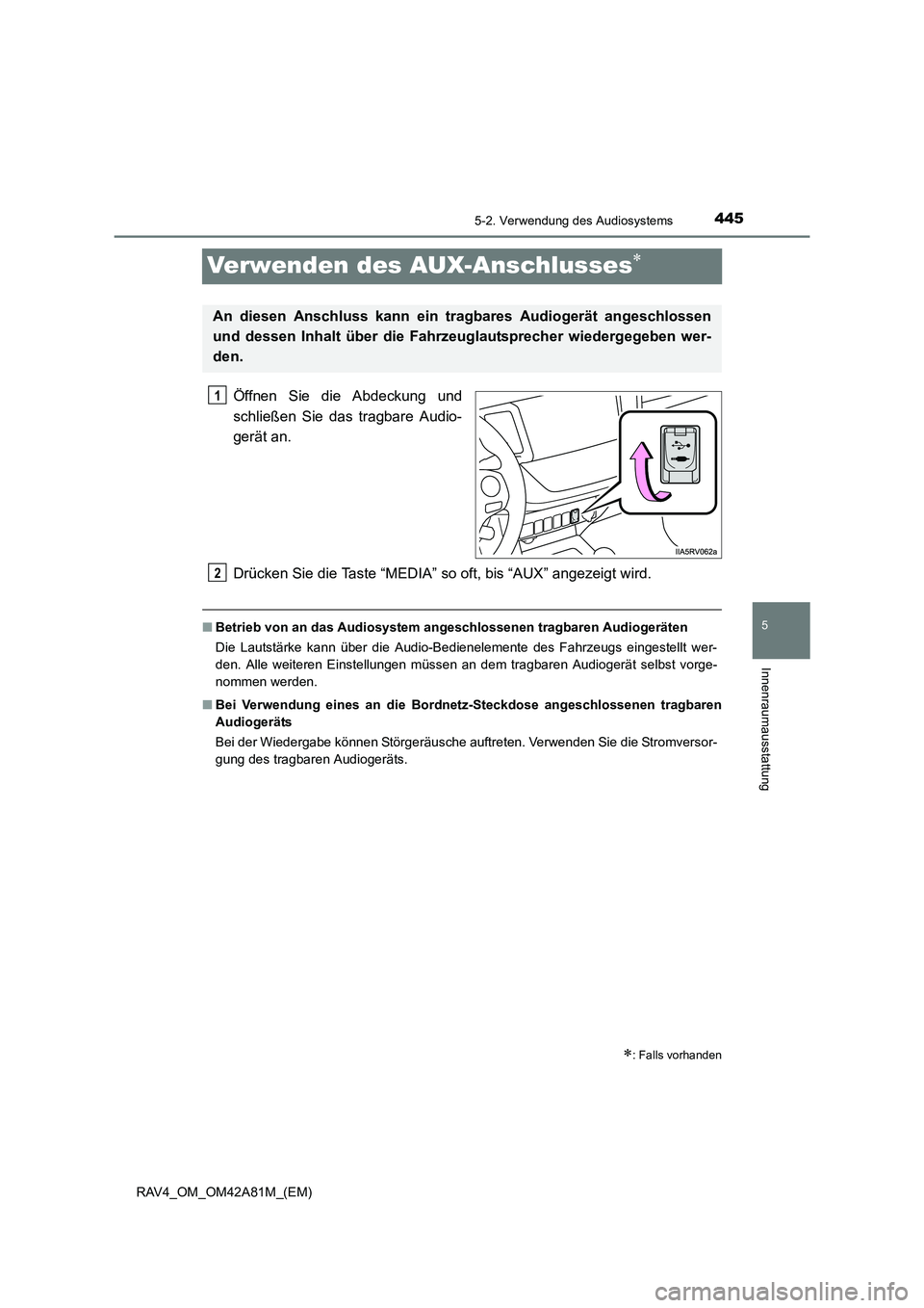 TOYOTA RAV4 2015  Betriebsanleitungen (in German) 445
5
5-2. Verwendung des Audiosystems
Innenraumausstattung
RAV4_OM_OM42A81M_(EM)
Verwenden des AUX-Anschlusses∗
Öffnen Sie die Abdeckung und
schließen Sie das tragbare Audio-
gerät an.
Drücken 