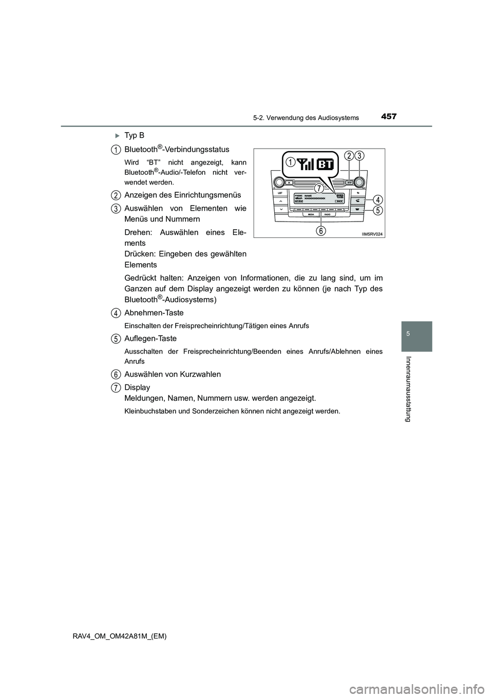 TOYOTA RAV4 2015  Betriebsanleitungen (in German) 4575-2. Verwendung des Audiosystems
5
Innenraumausstattung
RAV4_OM_OM42A81M_(EM)
�XTy p  B
Bluetooth
®-Verbindungsstatus
Wird “BT” nicht angezeigt, kann
Bluetooth®-Audio/-Telefon nicht ver-
wend