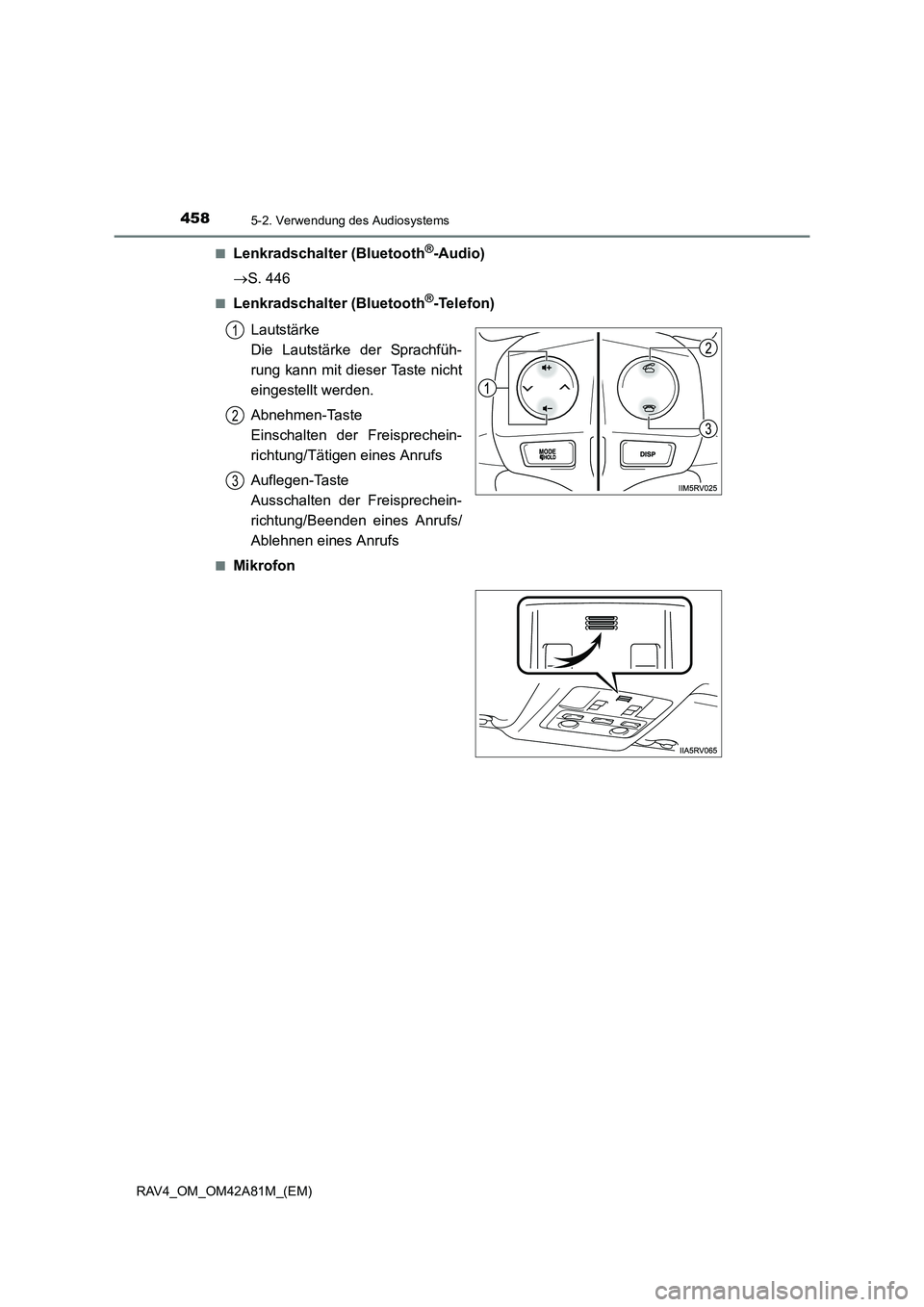 TOYOTA RAV4 2015  Betriebsanleitungen (in German) 4585-2. Verwendung des Audiosystems
RAV4_OM_OM42A81M_(EM)■
Lenkradschalter (Bluetooth®-Audio)
→ S. 446
■Lenkradschalter (Bluetooth®-Telefon)
Lautstärke 
Die Lautstärke der Sprachfüh-
rung k