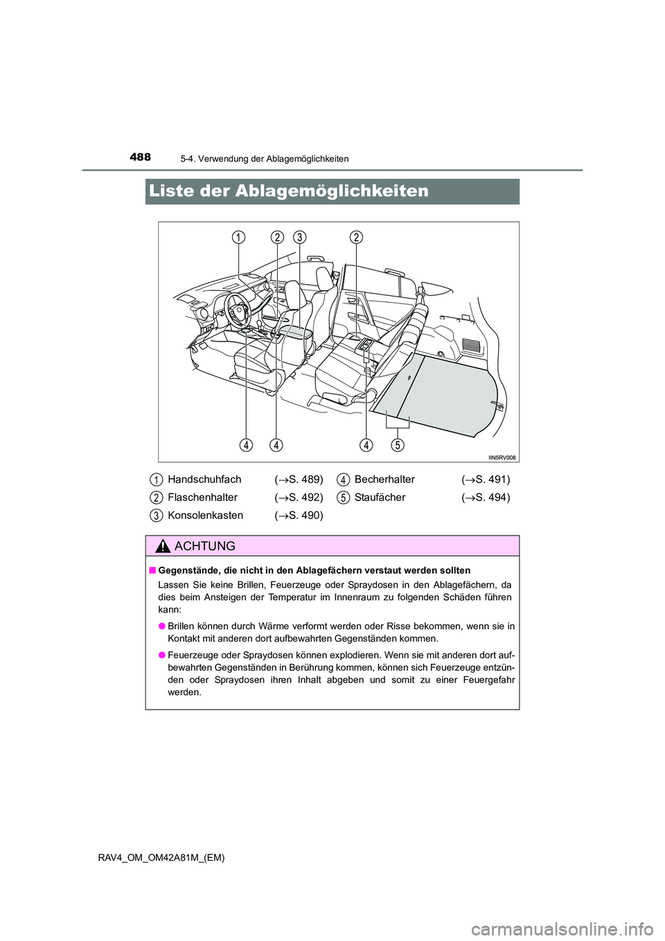 TOYOTA RAV4 2015  Betriebsanleitungen (in German) 4885-4. Verwendung der Ablagemöglichkeiten
RAV4_OM_OM42A81M_(EM)
Liste der Ablagemöglichkeiten
Handschuhfach  (→S. 489)
Flaschenhalter ( →S. 492)
Konsolenkasten  ( →S. 490) Becherhalter (
→S