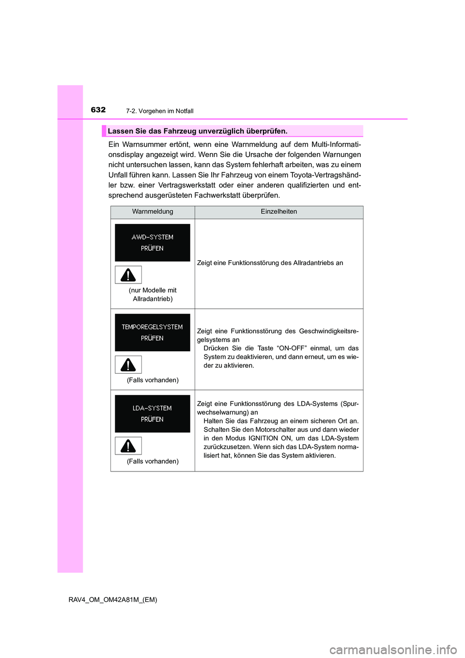 TOYOTA RAV4 2015  Betriebsanleitungen (in German) 6327-2. Vorgehen im Notfall
RAV4_OM_OM42A81M_(EM)
Ein Warnsummer ertönt, wenn eine Warnmeldung auf dem Multi-Informati-
onsdisplay angezeigt wird. Wenn Sie die Ursache der folgenden Warnungen
nicht u