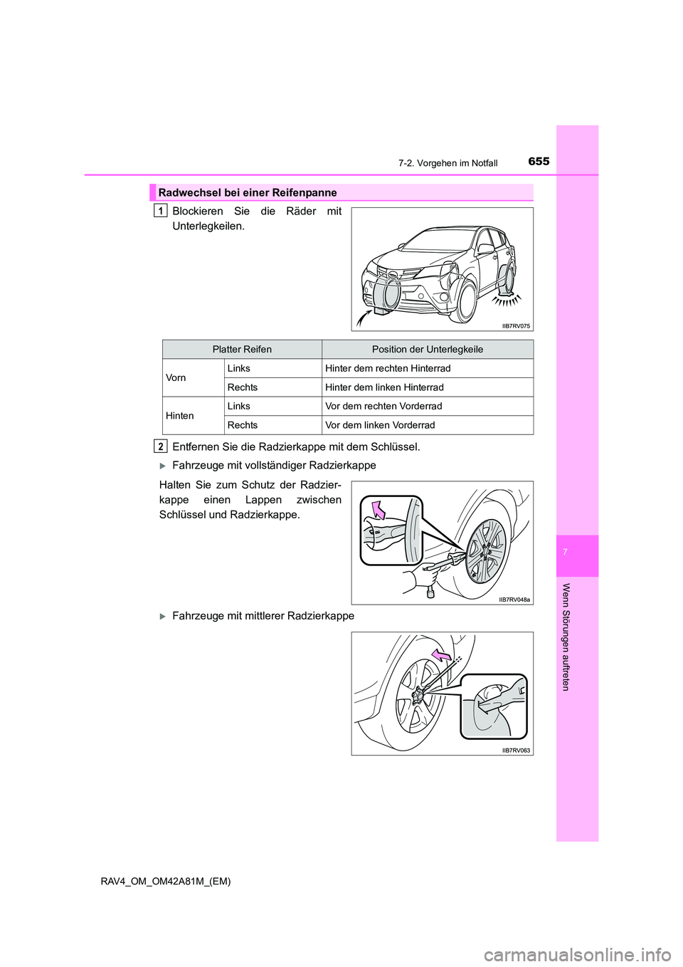 TOYOTA RAV4 2015  Betriebsanleitungen (in German) 6557-2. Vorgehen im Notfall
7
Wenn Störungen auftreten
RAV4_OM_OM42A81M_(EM)
Blockieren Sie die Räder mit
Unterlegkeilen.
Entfernen Sie die Radzierkappe mit dem Schlüssel.
�XFahrzeuge mit vollstän