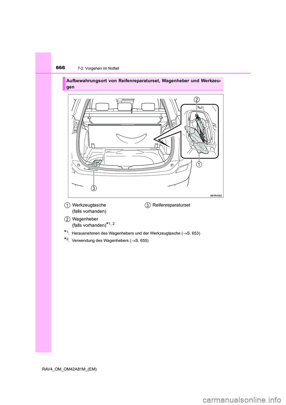 TOYOTA RAV4 2015  Betriebsanleitungen (in German) 6667-2. Vorgehen im Notfall
RAV4_OM_OM42A81M_(EM)
*1:  Herausnehmen des Wagenhebers und der Werkzeugtasche (→S. 653)
*2:  Verwendung des Wagenhebers ( →S. 655)
Aufbewahrungsort von Reifenreparatur