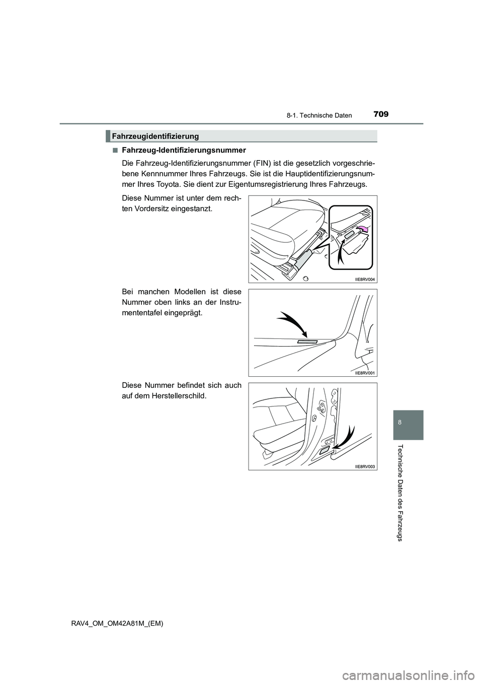 TOYOTA RAV4 2015  Betriebsanleitungen (in German) 709
8
8-1. Technische Daten
Technische Daten des Fahrzeugs
RAV4_OM_OM42A81M_(EM)■
Fahrzeug-Identifizierungsnummer
Die Fahrzeug-Identifizierungsnummer (FIN) ist die gesetzlich vorgeschrie-
bene Kennn