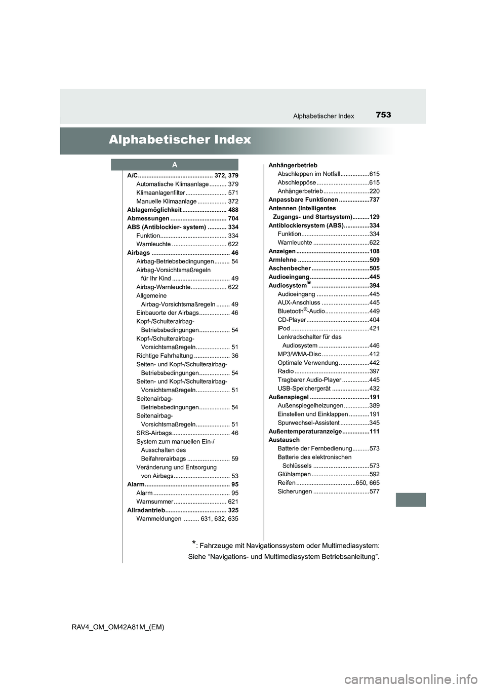 TOYOTA RAV4 2015 Betriebsanleitungen (in German) 753Alphabetischer Index
RAV4_OM_OM42A81M_(EM)
Alphabetischer Index
A/C............................................ 372, 379Automatische Klimaanlage .......... 379
Klimaanlagenfilter .................. TOYOTA RAV4 2015 Betriebsanleitungen (in German) 753Alphabetischer Index
RAV4_OM_OM42A81M_(EM)
Alphabetischer Index
A/C............................................ 372, 379Automatische Klimaanlage .......... 379
Klimaanlagenfilter ..................