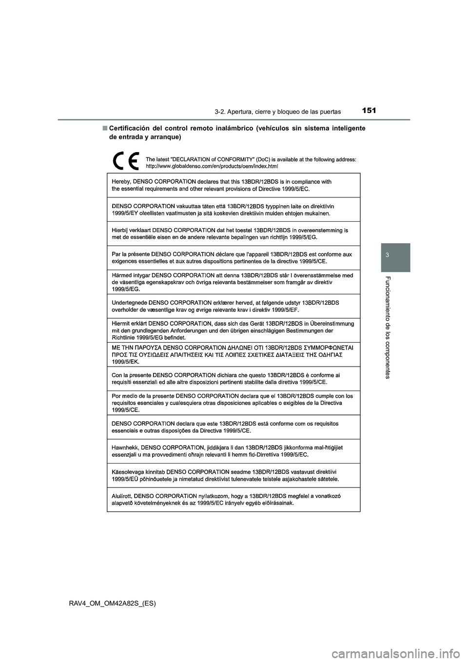 TOYOTA RAV4 2015  Manual del propietario (in Spanish) 1513-2. Apertura, cierre y bloqueo de las puertas
3
Funcionamiento de los componentes
RAV4_OM_OM42A82S_(ES)■
Certificación del control remoto inalámbr ico (vehículos sin sistema inteligente
de en