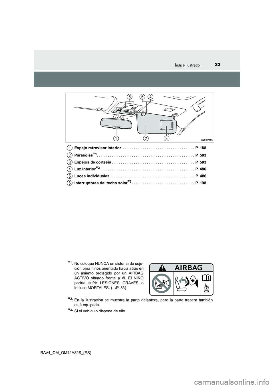 TOYOTA RAV4 2015  Manual del propietario (in Spanish) 23Índice ilustrado
RAV4_OM_OM42A82S_(ES)Espejo retrovisor interior  . . . . . . . . . . . . . . . . . . . . . . . . . . . . . . . . .  P. 188
Parasoles
*1. . . . . . . . . . . . . . . . . . . . . . .