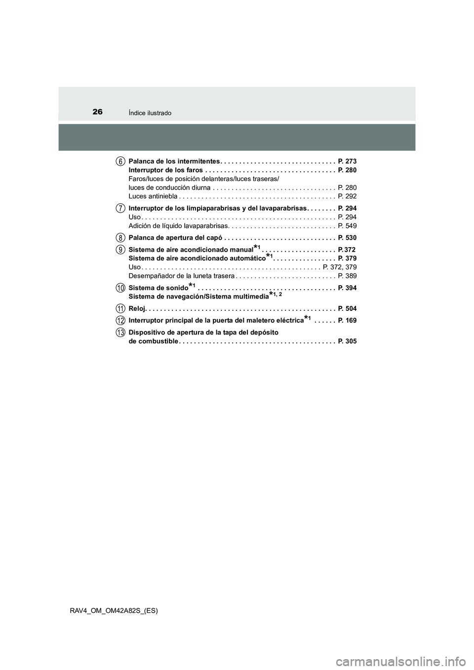 TOYOTA RAV4 2015  Manual del propietario (in Spanish) 26Índice ilustrado
RAV4_OM_OM42A82S_(ES)Palanca de los intermitentes . . . . . . . . . . . . . . . . . . . . . . . . . . . . . . .  P. 273
Interruptor de los faros  . . . . . . . . . . . . . . . . . 