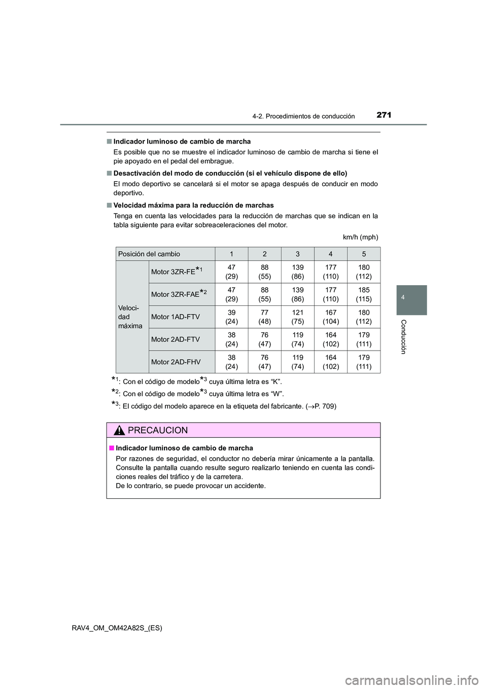TOYOTA RAV4 2015 Manual del propietario (in Spanish) 2714-2. Procedimientos de conducción
4
Conducción
RAV4_OM_OM42A82S_(ES)
■Indicador luminoso de cambio de marcha
Es posible que no se muestre el indicador luminoso de cambio de marcha si tiene el
p TOYOTA RAV4 2015 Manual del propietario (in Spanish) 2714-2. Procedimientos de conducción
4
Conducción
RAV4_OM_OM42A82S_(ES)
■Indicador luminoso de cambio de marcha
Es posible que no se muestre el indicador luminoso de cambio de marcha si tiene el
p