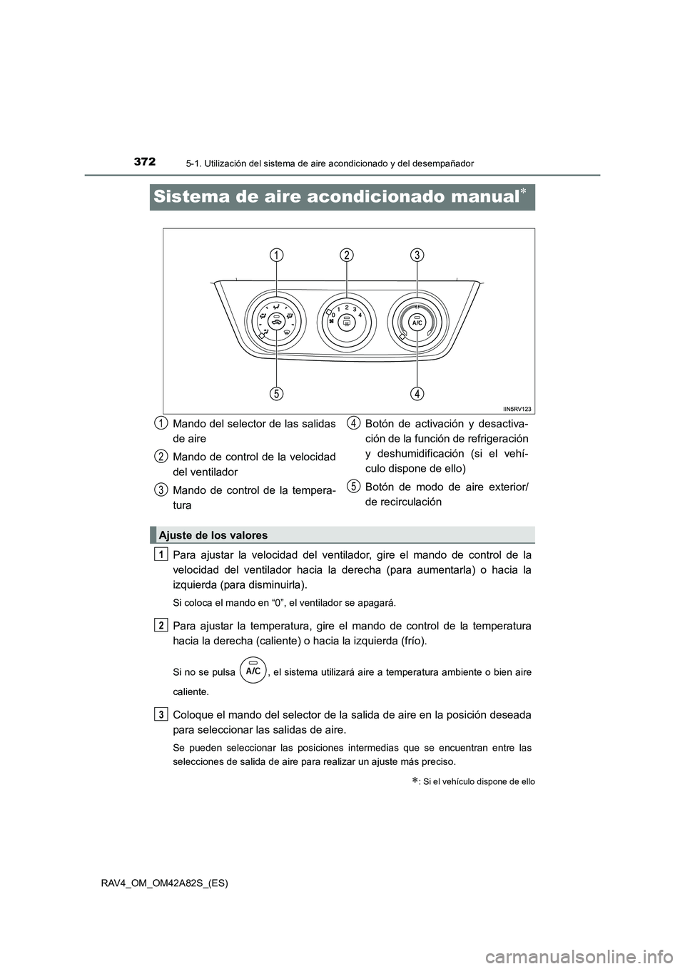 TOYOTA RAV4 2015 Manual del propietario (in Spanish) 3725-1. Utilización del sistema de aire acondicionado y del desempañador
RAV4_OM_OM42A82S_(ES)
Sistema de aire acondicionado manual∗
Para ajustar la velocidad del ventilador, gire el mando de cont TOYOTA RAV4 2015 Manual del propietario (in Spanish) 3725-1. Utilización del sistema de aire acondicionado y del desempañador
RAV4_OM_OM42A82S_(ES)
Sistema de aire acondicionado manual∗
Para ajustar la velocidad del ventilador, gire el mando de cont