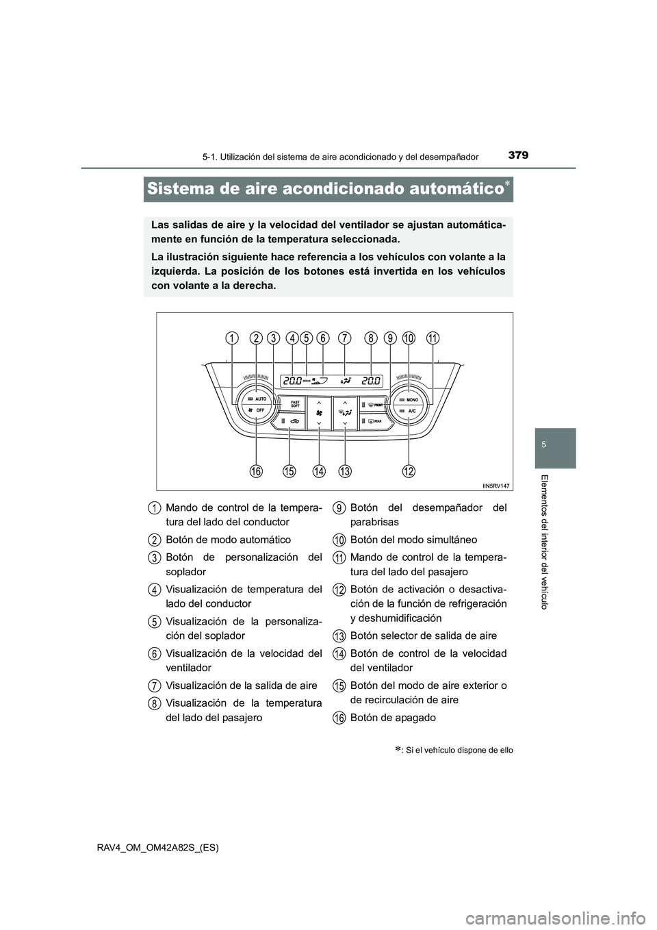 TOYOTA RAV4 2015 Manual del propietario (in Spanish) 379
5
5-1. Utilización del sistema de aire acondicionado y del desempañador
Elementos del interior del vehículo
RAV4_OM_OM42A82S_(ES)
Sistema de aire acond icionado automático∗
∗: Si el vehíc TOYOTA RAV4 2015 Manual del propietario (in Spanish) 379
5
5-1. Utilización del sistema de aire acondicionado y del desempañador
Elementos del interior del vehículo
RAV4_OM_OM42A82S_(ES)
Sistema de aire acond icionado automático∗
∗: Si el vehíc