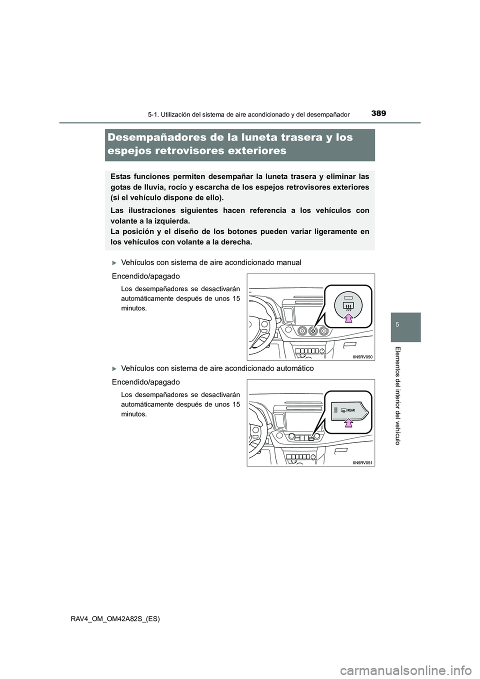 TOYOTA RAV4 2015  Manual del propietario (in Spanish) 389
5
5-1. Utilización del sistema de aire acondicionado y del desempañador
Elementos del interior del vehículo
RAV4_OM_OM42A82S_(ES)
Desempañadores de la luneta trasera y los 
espejos retrovisore