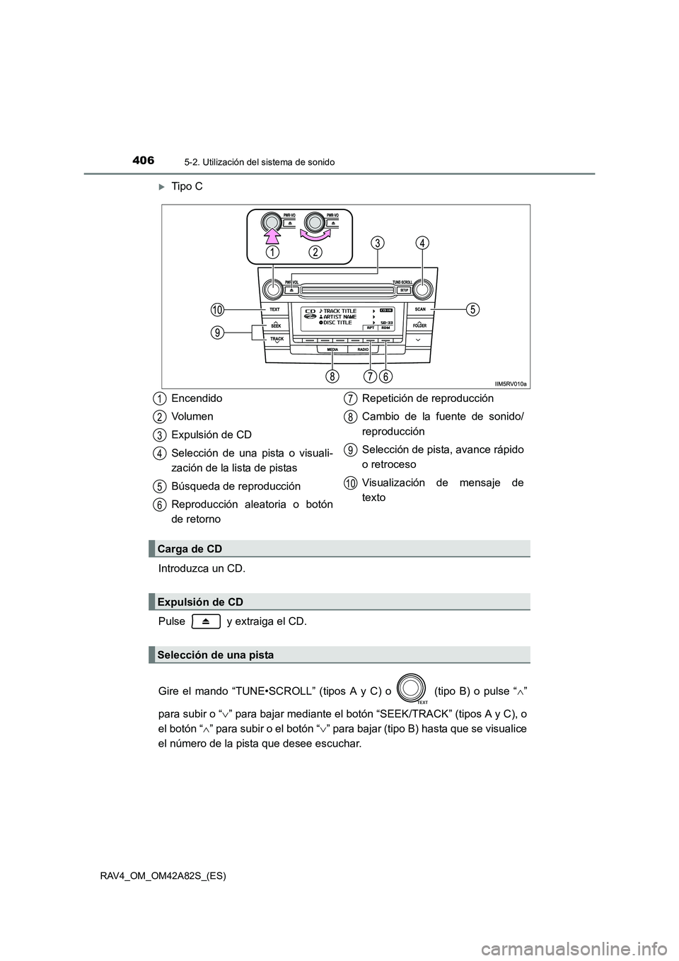 TOYOTA RAV4 2015  Manual del propietario (in Spanish) 4065-2. Utilización del sistema de sonido
RAV4_OM_OM42A82S_(ES)
�XTipo C
Introduzca un CD.
Pulse   y extraiga el CD.
Gire el mando “TUNE•SCROLL” (tipos A y C) o   (tipo B) o pulse “ ∧”
pa
