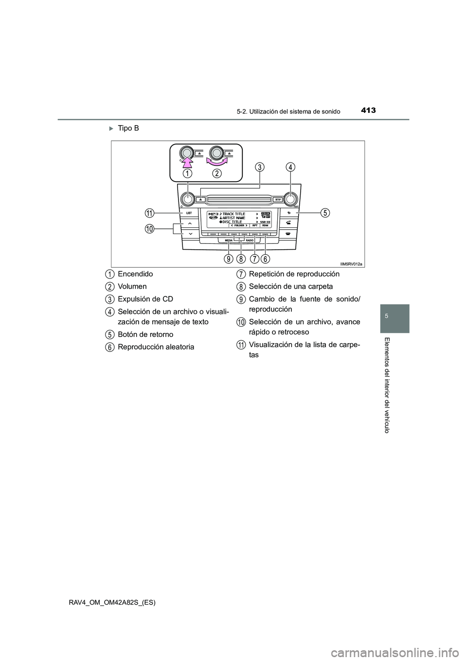 TOYOTA RAV4 2015  Manual del propietario (in Spanish) 4135-2. Utilización del sistema de sonido
5
Elementos del interior del vehículo
RAV4_OM_OM42A82S_(ES)
�XTipo B
Encendido
Vo l u m e n
Expulsión de CD
Selección de un archivo o visuali-
zación de 