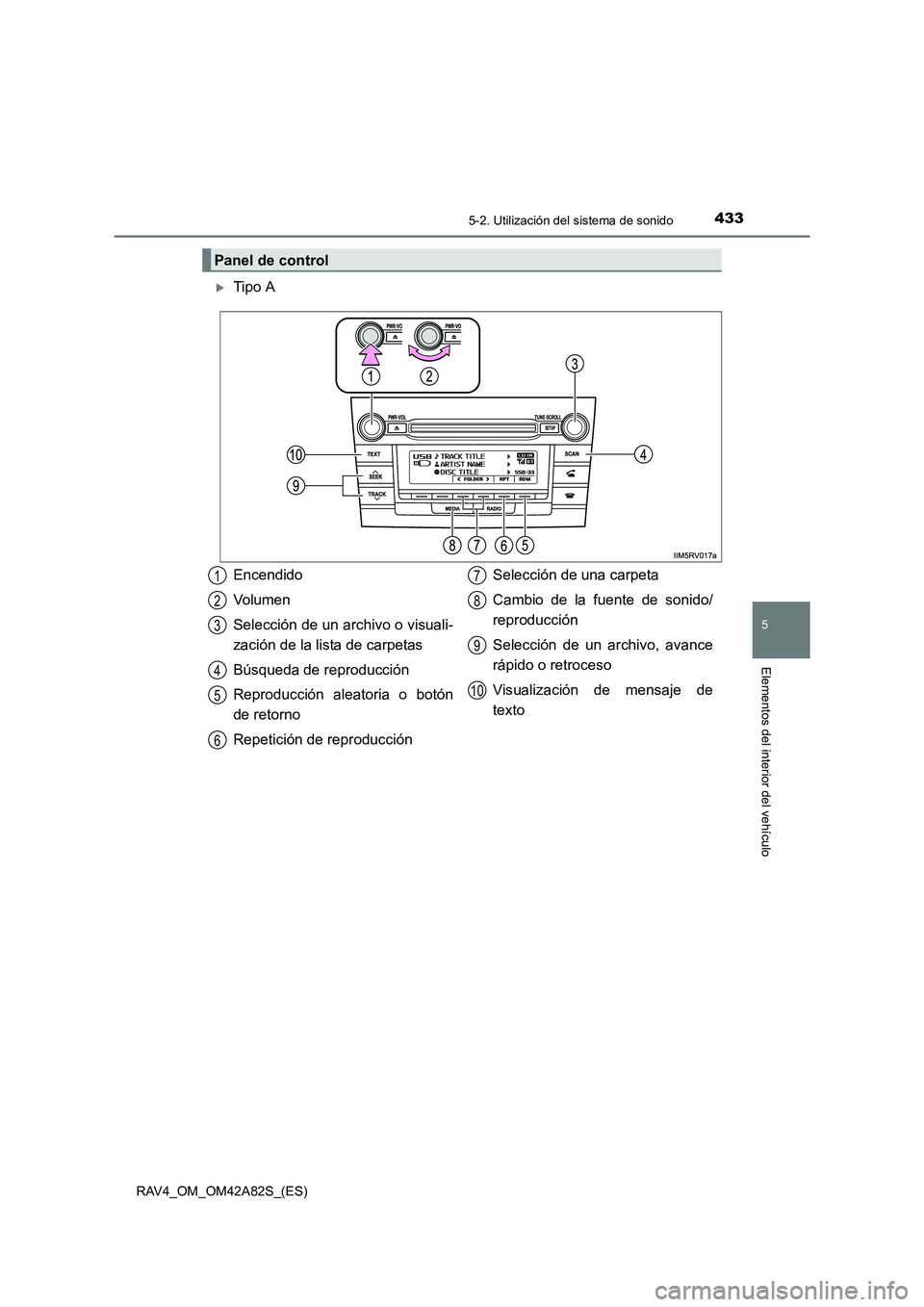 TOYOTA RAV4 2015  Manual del propietario (in Spanish) 4335-2. Utilización del sistema de sonido
5
Elementos del interior del vehículo
RAV4_OM_OM42A82S_(ES)
�XTipo A
Panel de control
Encendido
Vo l u m e n
Selección de un archivo o visuali-
zación de 