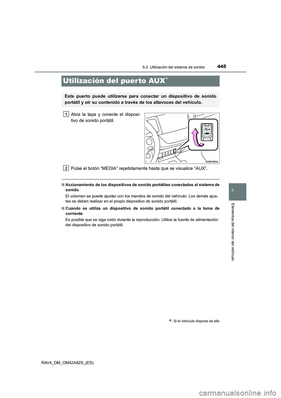 TOYOTA RAV4 2015  Manual del propietario (in Spanish) 445
5
5-2. Utilización del sistema de sonido
Elementos del interior del vehículo
RAV4_OM_OM42A82S_(ES)
Utilización del puer to AUX∗
Abra la tapa y conecte el disposi-
tivo de sonido portátil.
Pu