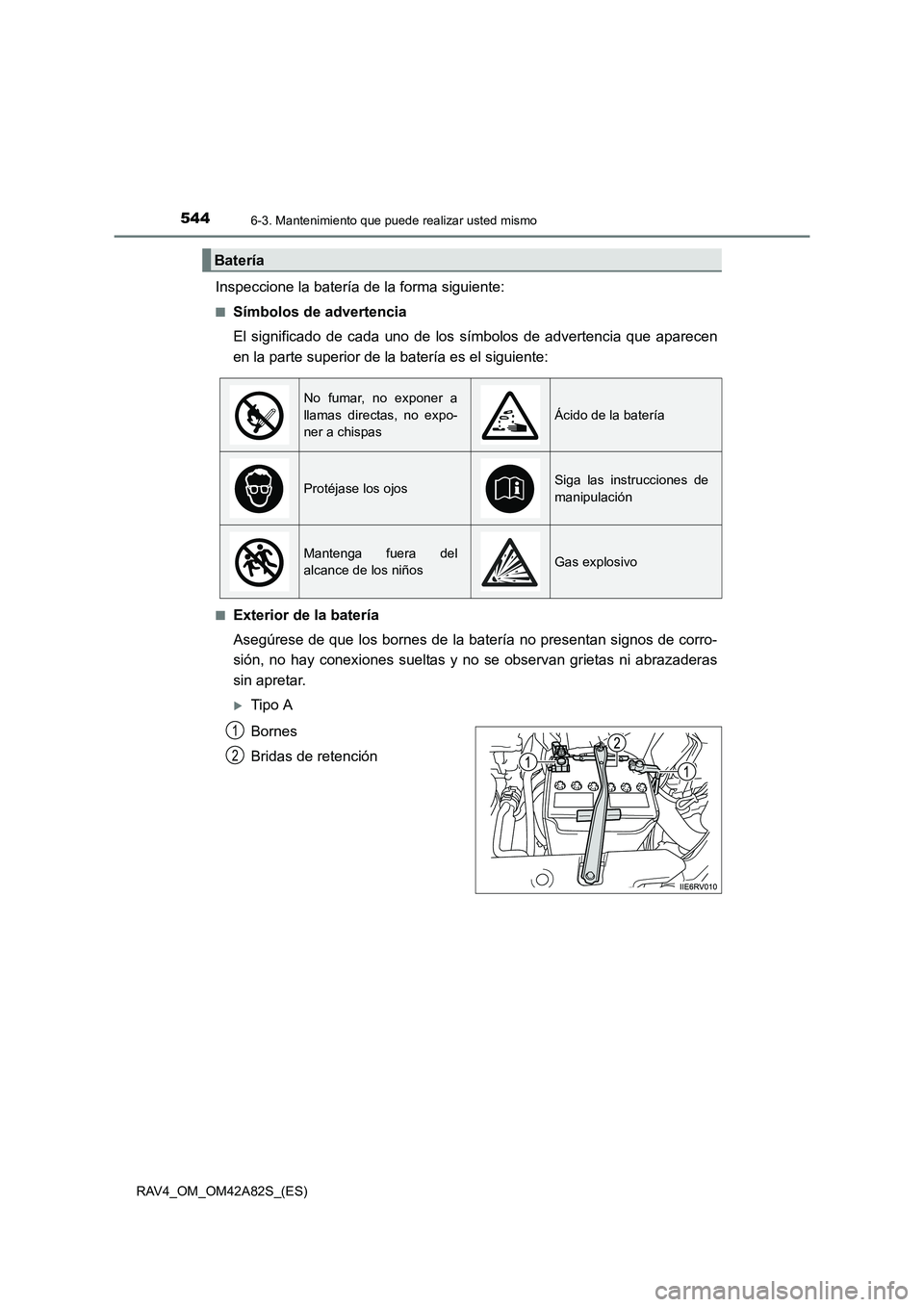 TOYOTA RAV4 2015  Manual del propietario (in Spanish) 5446-3. Mantenimiento que puede realizar usted mismo
RAV4_OM_OM42A82S_(ES)
Inspeccione la batería de la forma siguiente:
■Símbolos de advertencia
El significado de cada uno de los símbolos de adv