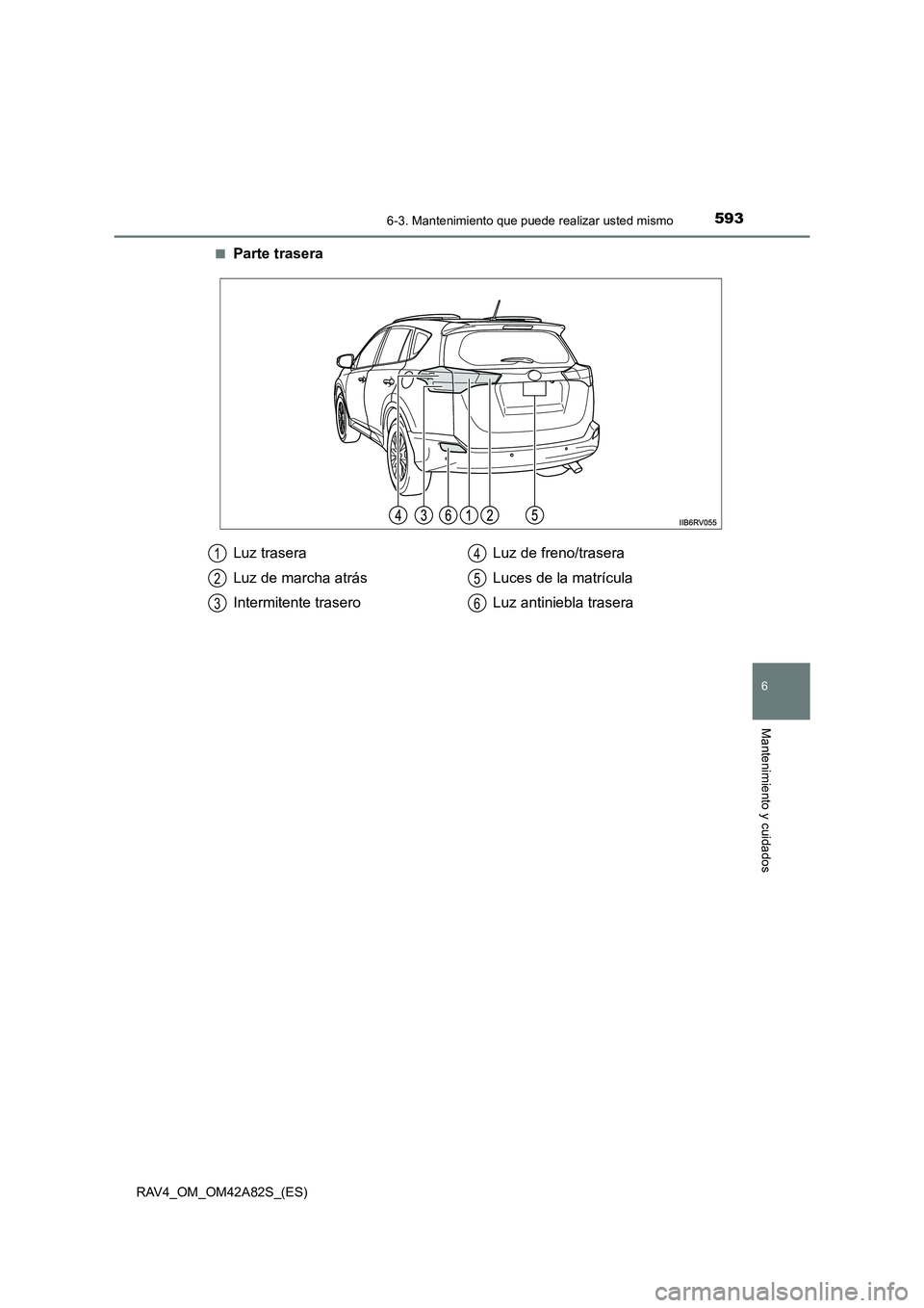 TOYOTA RAV4 2015  Manual del propietario (in Spanish) 5936-3. Mantenimiento que puede realizar usted mismo
6
Mantenimiento y cuidados
RAV4_OM_OM42A82S_(ES)■
Parte trasera
Luz trasera
Luz de marcha atrás
Intermitente trasero
Luz de freno/trasera
Luces 