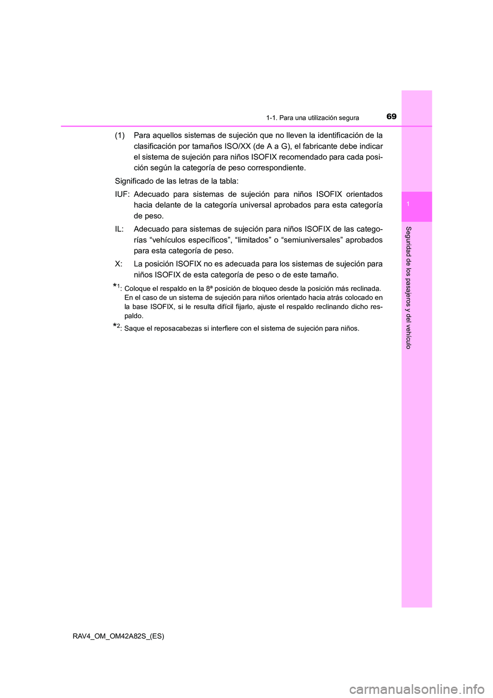 TOYOTA RAV4 2015 Manual del propietario (in Spanish) 691-1. Para una utilización segura
1
RAV4_OM_OM42A82S_(ES)
Seguridad de los pasajeros y del vehículo
(1) Para aquellos sistemas de sujeción que no lleven la identificación de laclasificación por TOYOTA RAV4 2015 Manual del propietario (in Spanish) 691-1. Para una utilización segura
1
RAV4_OM_OM42A82S_(ES)
Seguridad de los pasajeros y del vehículo
(1) Para aquellos sistemas de sujeción que no lleven la identificación de laclasificación por
