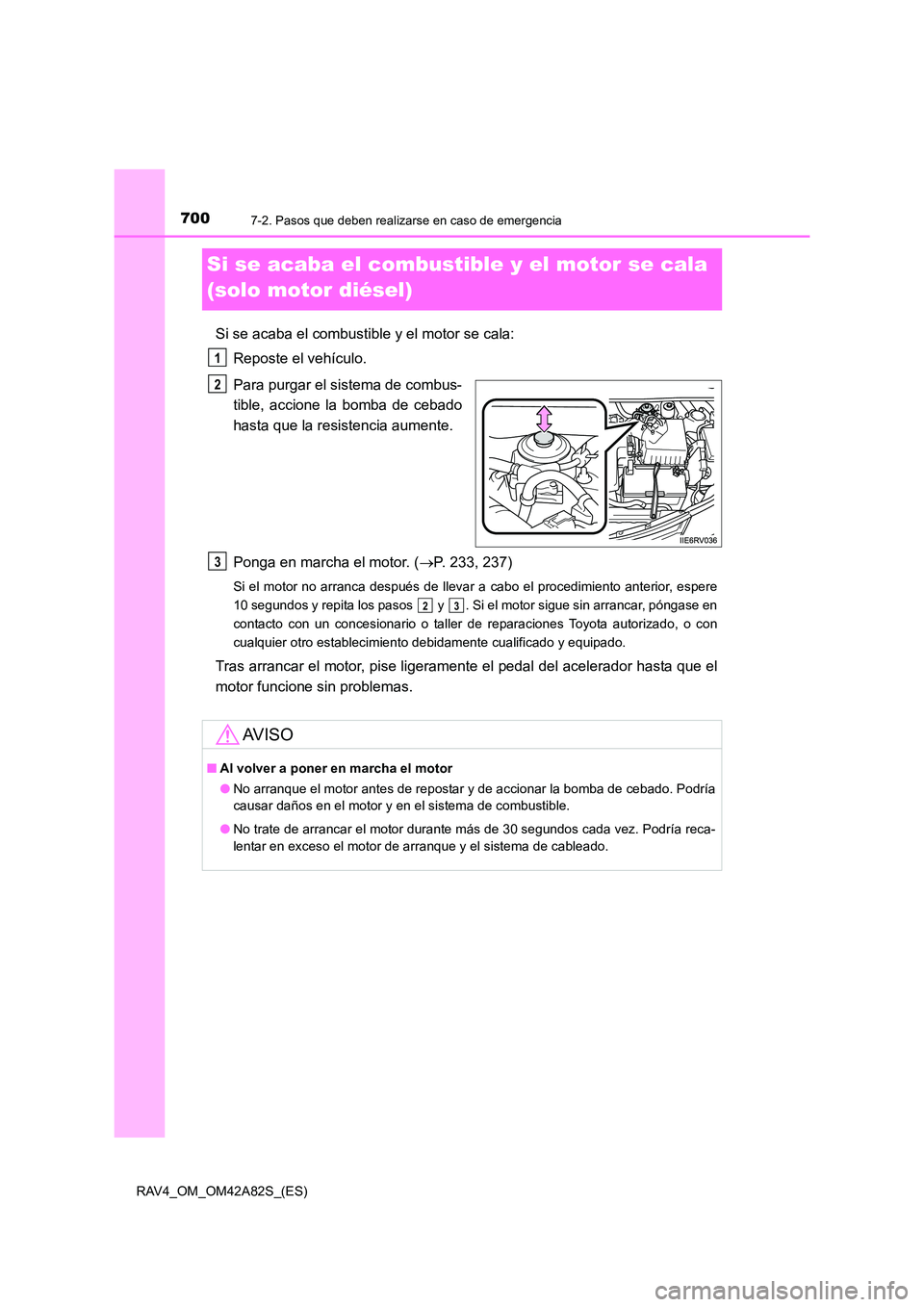 TOYOTA RAV4 2015 Manual del propietario (in Spanish) 7007-2. Pasos que deben realizarse en caso de emergencia
RAV4_OM_OM42A82S_(ES)
Si se acaba el combustible y el motor se cala
(solo motor diésel)
Si se acaba el combustible y el motor se cala:Reposte TOYOTA RAV4 2015 Manual del propietario (in Spanish) 7007-2. Pasos que deben realizarse en caso de emergencia
RAV4_OM_OM42A82S_(ES)
Si se acaba el combustible y el motor se cala
(solo motor diésel)
Si se acaba el combustible y el motor se cala:Reposte