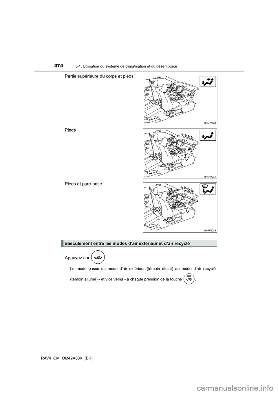 TOYOTA RAV4 2015  Manuel du propriétaire (in French) 3745-1. Utilisation du système de climatisation et du désembueur
RAV4_OM_OM42A80K_(EK)
Partie supérieure du corps et pieds
Pieds
Pieds et pare-brise
Appuyez sur  .
Le mode passe du mode d’air ext