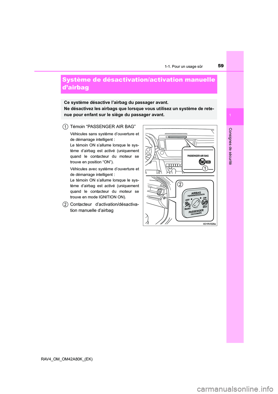 TOYOTA RAV4 2015  Manuel du propriétaire (in French) 591-1. Pour un usage sûr
1
RAV4_OM_OM42A80K_(EK)
Consignes de sécurité
Système de désactivation/activation manuelle 
d’airbag
Témoin “PASSENGER AIR BAG”
Véhicules sans système d’ouvert