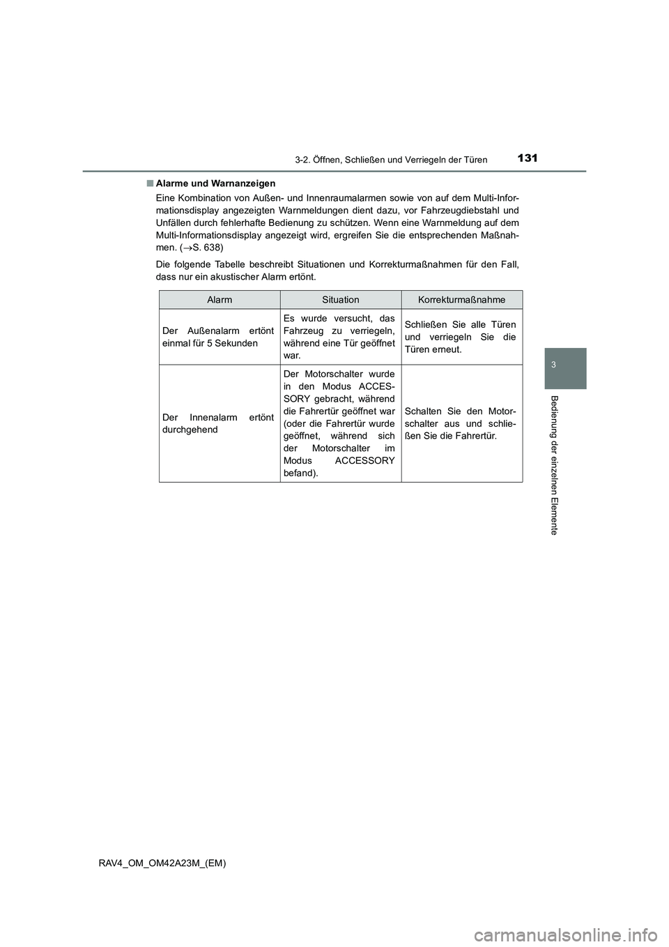 TOYOTA RAV4 2014  Betriebsanleitungen (in German) 1313-2. Öffnen, Schließen und Verriegeln der Türen
3
Bedienung der einzelnen Elemente
RAV4_OM_OM42A23M_(EM)■
Alarme und Warnanzeigen
Eine Kombination von Außen- und Innenraumalarmen sowie von au