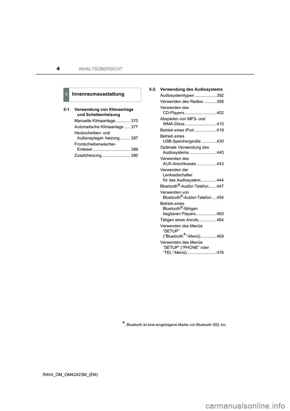 TOYOTA RAV4 2014  Betriebsanleitungen (in German) INHALTSÜBERSICHT4
RAV4_OM_OM42A23M_(EM)5-1. Verwendung von Klimaanlage 
und Scheibenheizung
Manuelle Klimaanlage............. 370
Automatische Klimaanlage ..... 377
Heckscheiben- und  Außenspiegel- 