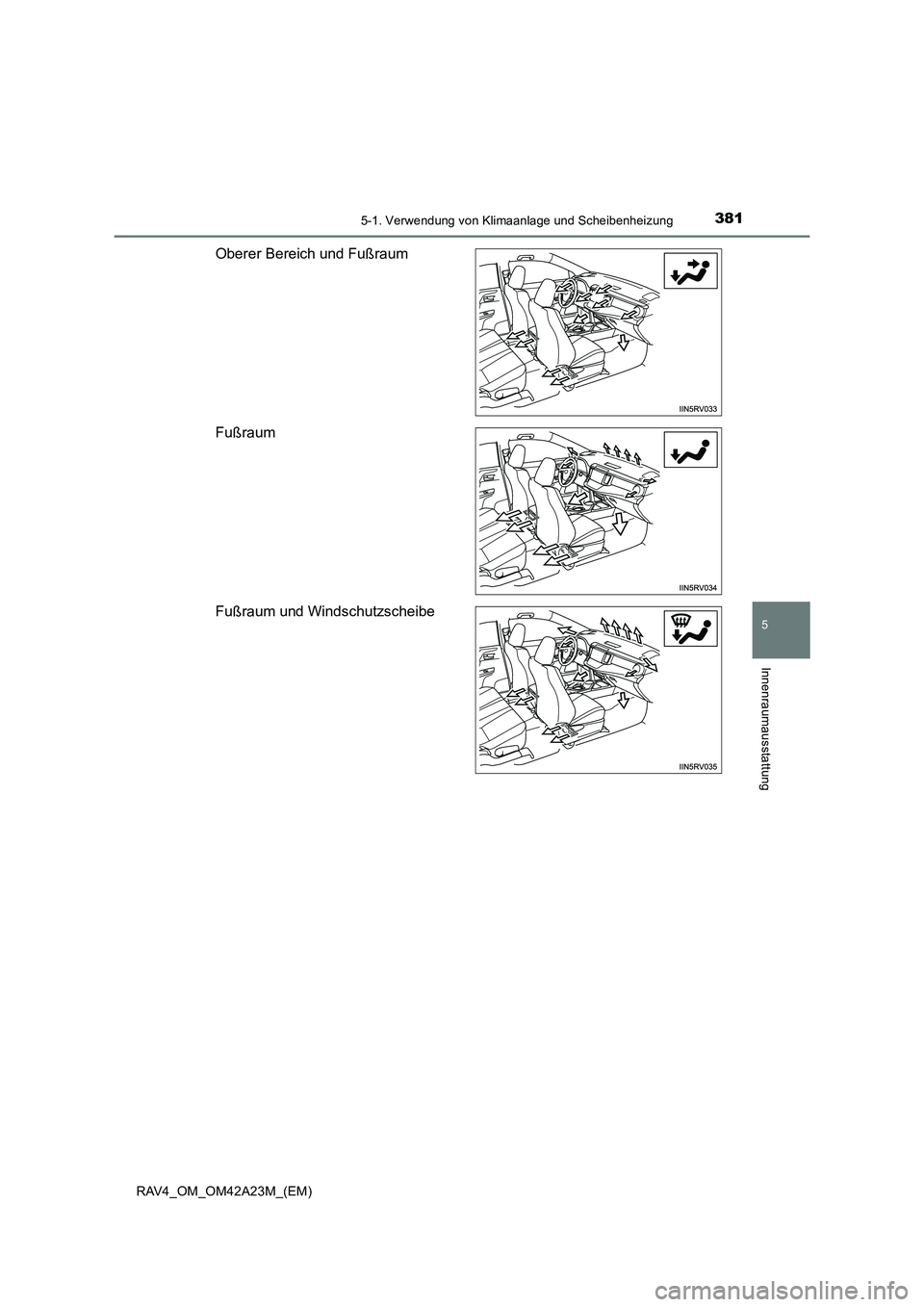 TOYOTA RAV4 2014  Betriebsanleitungen (in German) 3815-1. Verwendung von Klimaanlage und Scheibenheizung
5
Innenraumausstattung
RAV4_OM_OM42A23M_(EM)
Oberer Bereich und Fußraum
Fußraum
Fußraum und Windschutzscheibe 