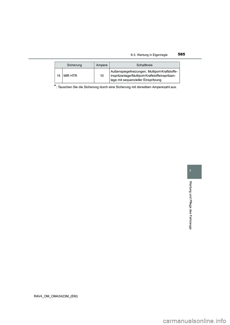 TOYOTA RAV4 2014  Betriebsanleitungen (in German) 5856-3. Wartung in Eigenregie
6
Wartung und Pflege des Fahrzeugs
RAV4_OM_OM42A23M_(EM)
*: Tauschen Sie die Sicherung durch eine Sicherung mit derselben Amperezahl aus.
14MIR HTR10
Außenspiegelheizung