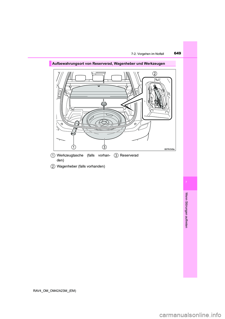 TOYOTA RAV4 2014  Betriebsanleitungen (in German) 6497-2. Vorgehen im Notfall
7
Wenn Störungen auftreten
RAV4_OM_OM42A23M_(EM)
Aufbewahrungsort von Reserverad, Wagenheber und Werkzeugen
Werkzeugtasche (falls vorhan-
den)
Wagenheber (falls vorhanden)