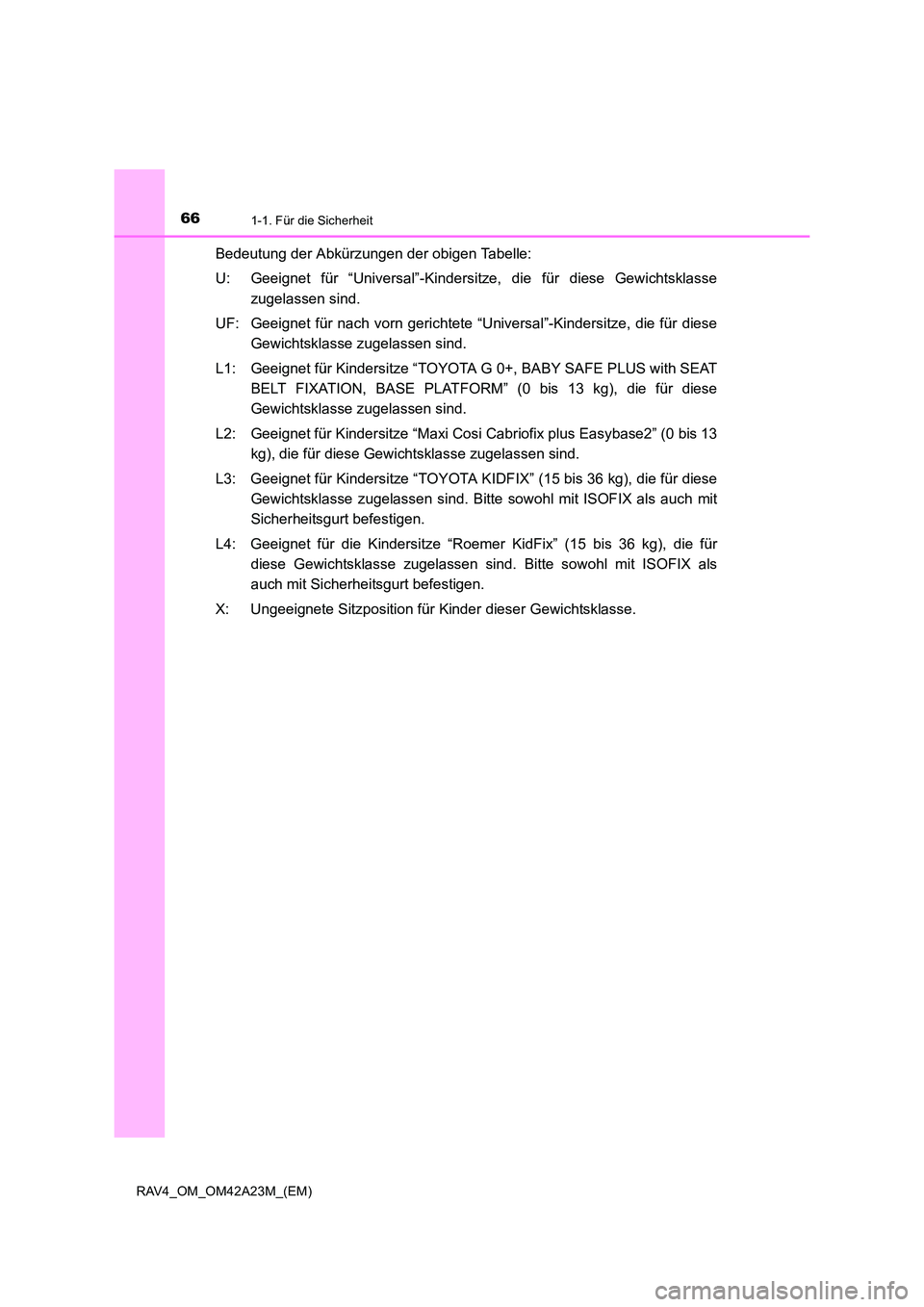 TOYOTA RAV4 2014  Betriebsanleitungen (in German) 661-1. Für die Sicherheit
RAV4_OM_OM42A23M_(EM)
Bedeutung der Abkürzungen der obigen Tabelle:
U: Geeignet für “Universal”-Kindersitze, die für diese Gewichtsklassezugelassen sind.
UF: Geeignet
