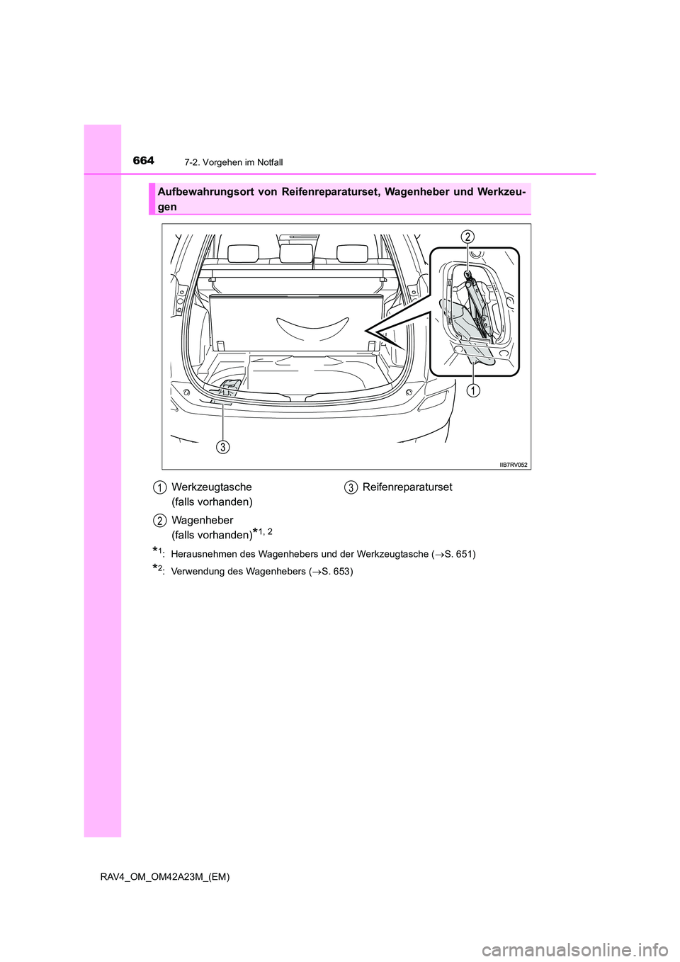 TOYOTA RAV4 2014  Betriebsanleitungen (in German) 6647-2. Vorgehen im Notfall
RAV4_OM_OM42A23M_(EM)
*1:  Herausnehmen des Wagenhebers und der Werkzeugtasche (→S. 651)
*2:  Verwendung des Wagenhebers ( →S. 653)
Aufbewahrungsort von Reifenreparatur